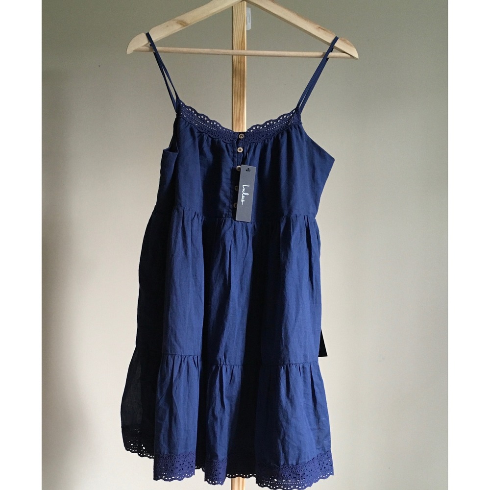 Lulus Navy Blue Eyelet Lace Tiered Babydoll Mini Dress Adj Straps Size M NWT
